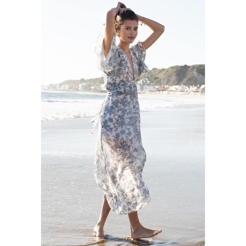 POL Gray Floral Print Plunge Neck Kimono Maxi Dress - Picture 5 of 7